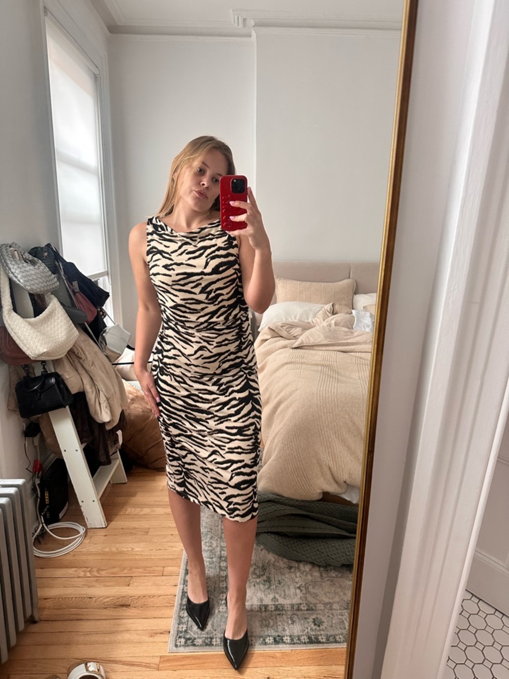H&M Zebra-Print Sleeveless Midi Dress in Black & Cream